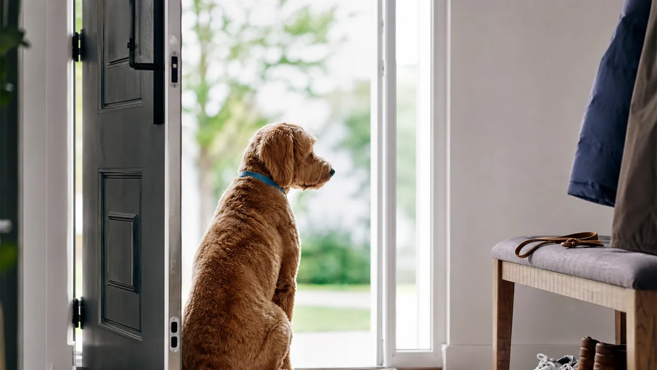 Chien couché près de la porte d'entrée, l'air anxieux, dans un salon lumineux