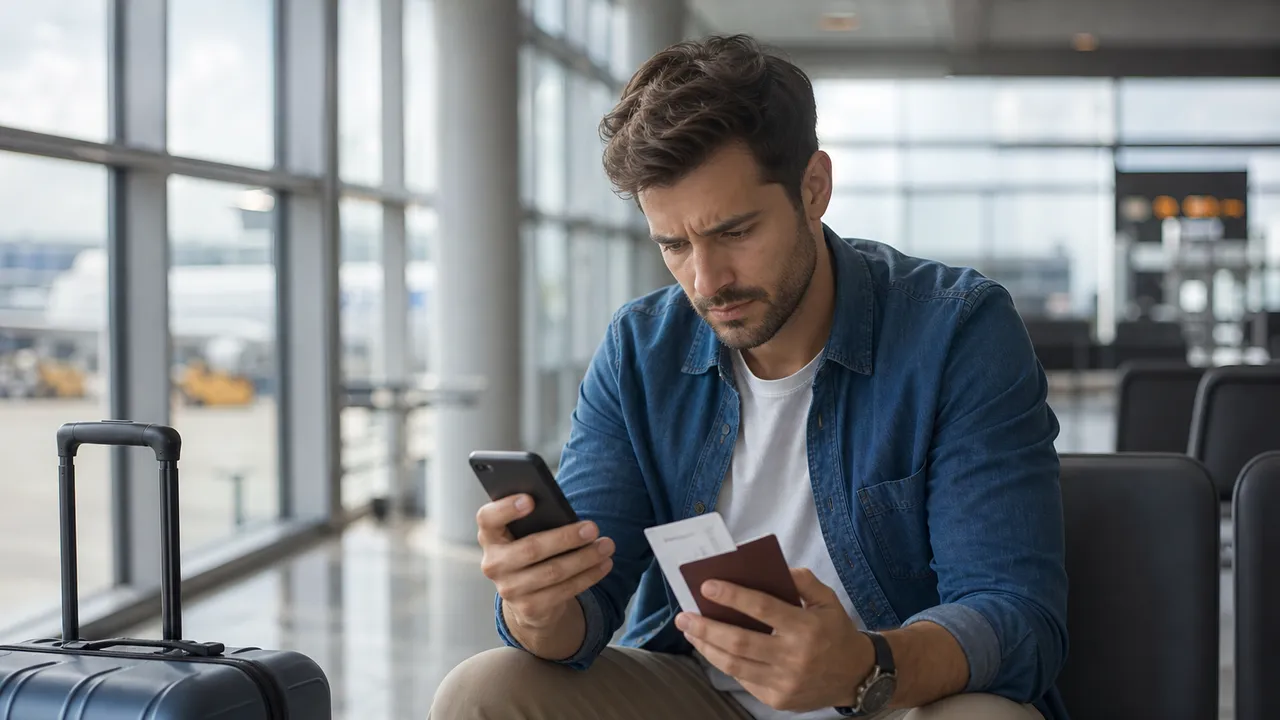 Voyageur inquiet assis dans un terminal d'aéroport, carte d'embarquement et téléphone en main, valise à côté de lui