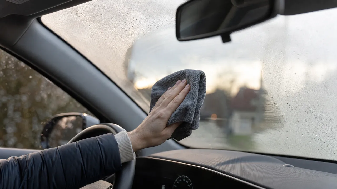 Conducteur essuyant avec une microfibre la buée sur la face intérieure du pare-brise de sa voiture