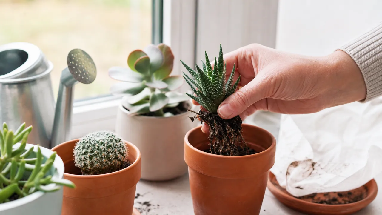 Cactus en pot avec des signes de pourrissement posé sur un rebord de fenêtre