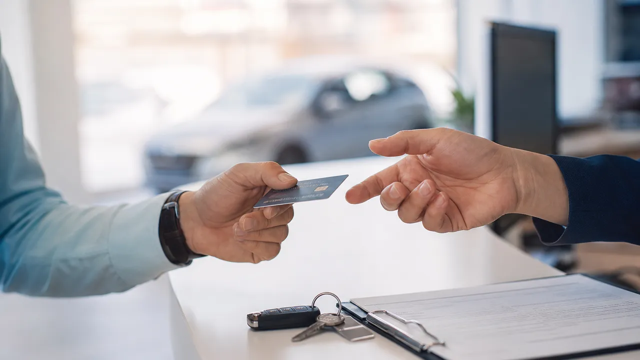 Comptoir de location de voitures dans un aéroport, contrat et clés posés sur le comptoir