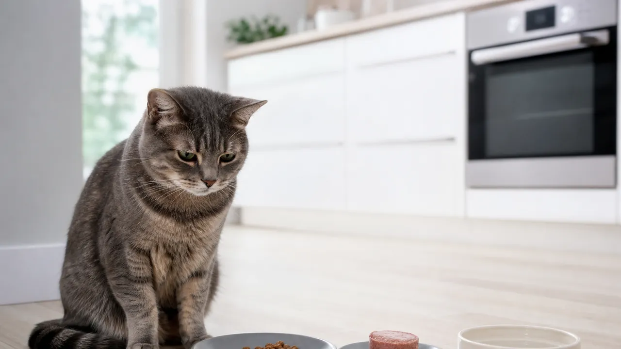 Chat assis devant une gamelle de croquettes intacte