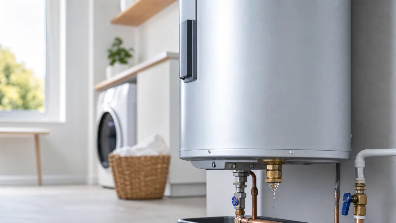 Chauffe-eau électrique blanc fixé au mur d'un cellier, avec ses tuyaux de raccordement visibles