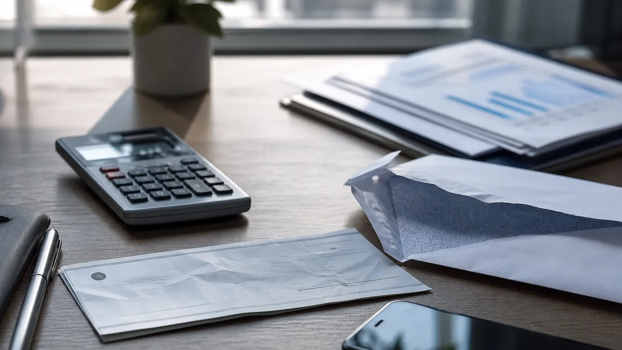 Chèque bancaire posé sur une table à côté d'un relevé de compte et d'un stylo