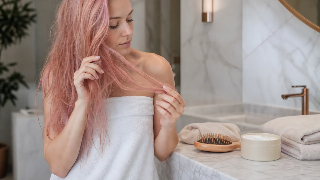 Mèches de cheveux colorés et abîmés tenues en main, texture sèche et pointes fourchues visibles