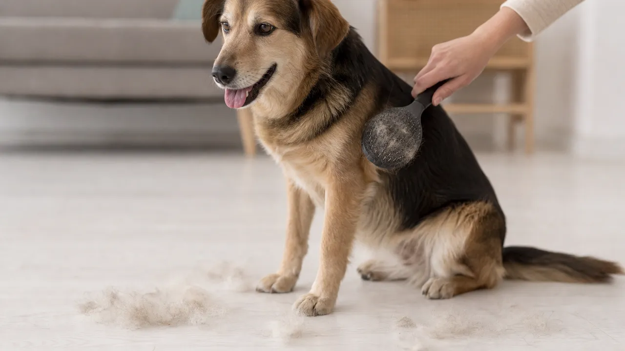 Brosse remplie de poils de chien à côté d'un chien assis sur un tapis