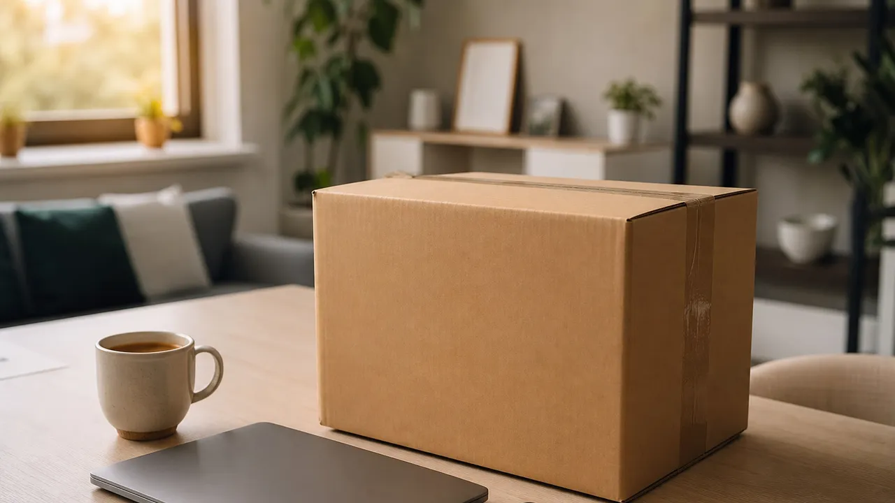 Colis en carton posé sur un tapis de tri dans un entrepôt logistique