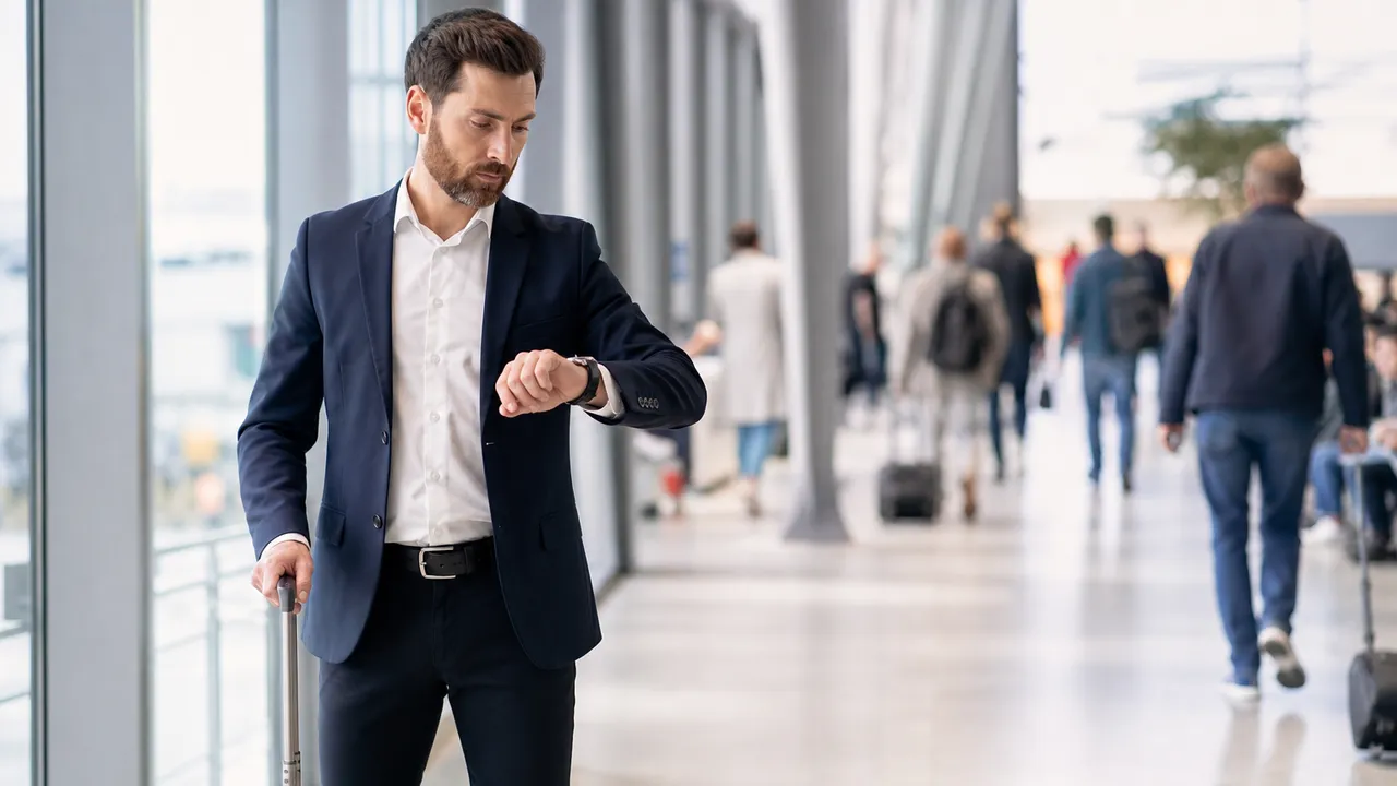 Voyageurs avec valises devant un panneau d'affichage des départs dans un hall d'aéroport