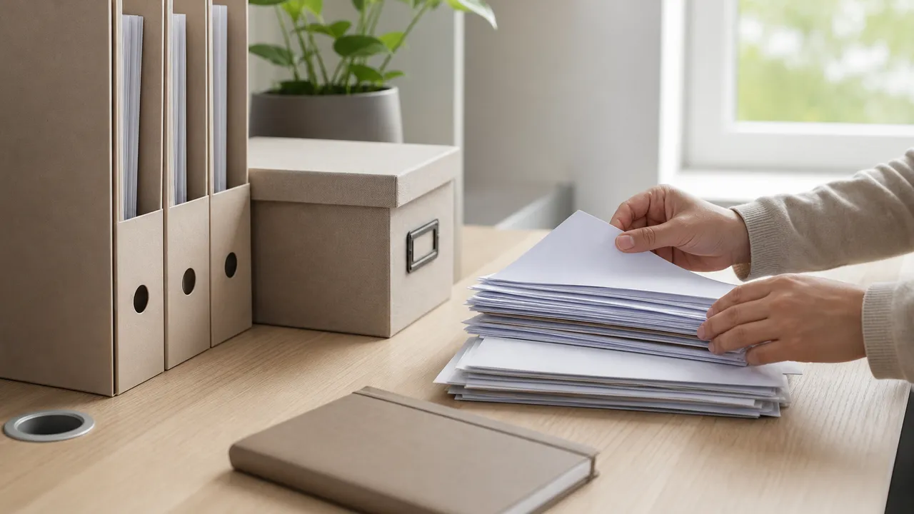 Classeur de papiers administratifs et relevés bancaires organisés sur un bureau