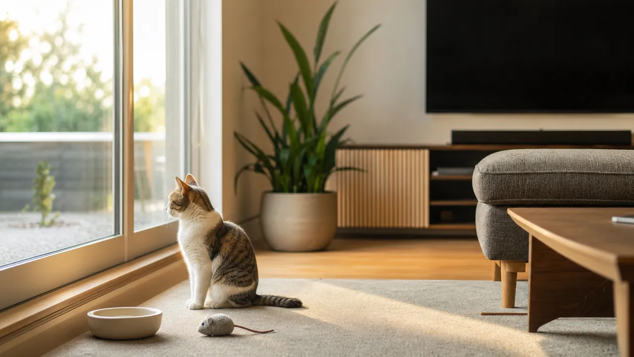Chat assis devant une baie vitrée dans un salon, à côté de sa gamelle et d'un jouet, regardant dehors