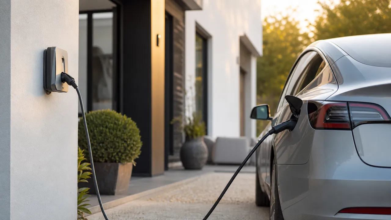 Câble de recharge branché sur une prise domestique murale dans un garage, voiture électrique en arrière-plan
