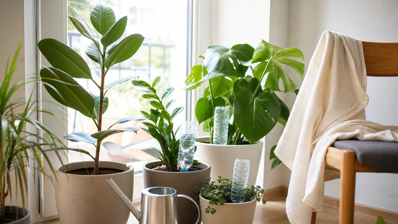 Plantes d'intérieur vertes disposées près d'une fenêtre lumineuse, prêtes pour une absence prolongée