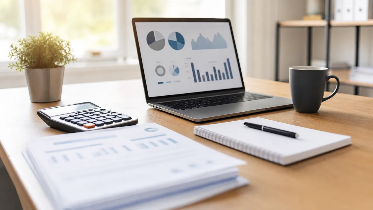 Entrepreneur indépendant calculant ses charges et son chiffre d'affaires sur une calculatrice et des factures