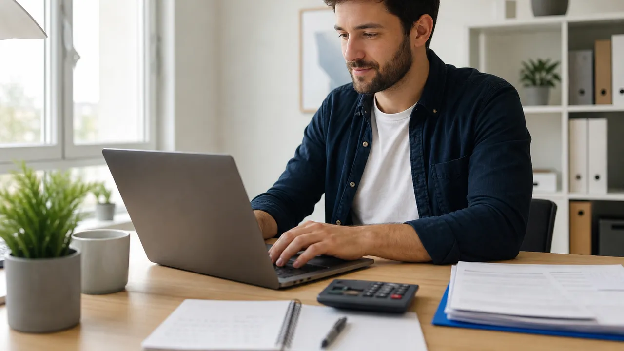 Bureau à domicile avec ordinateur portable ouvert sur une déclaration en ligne, calculatrice et factures