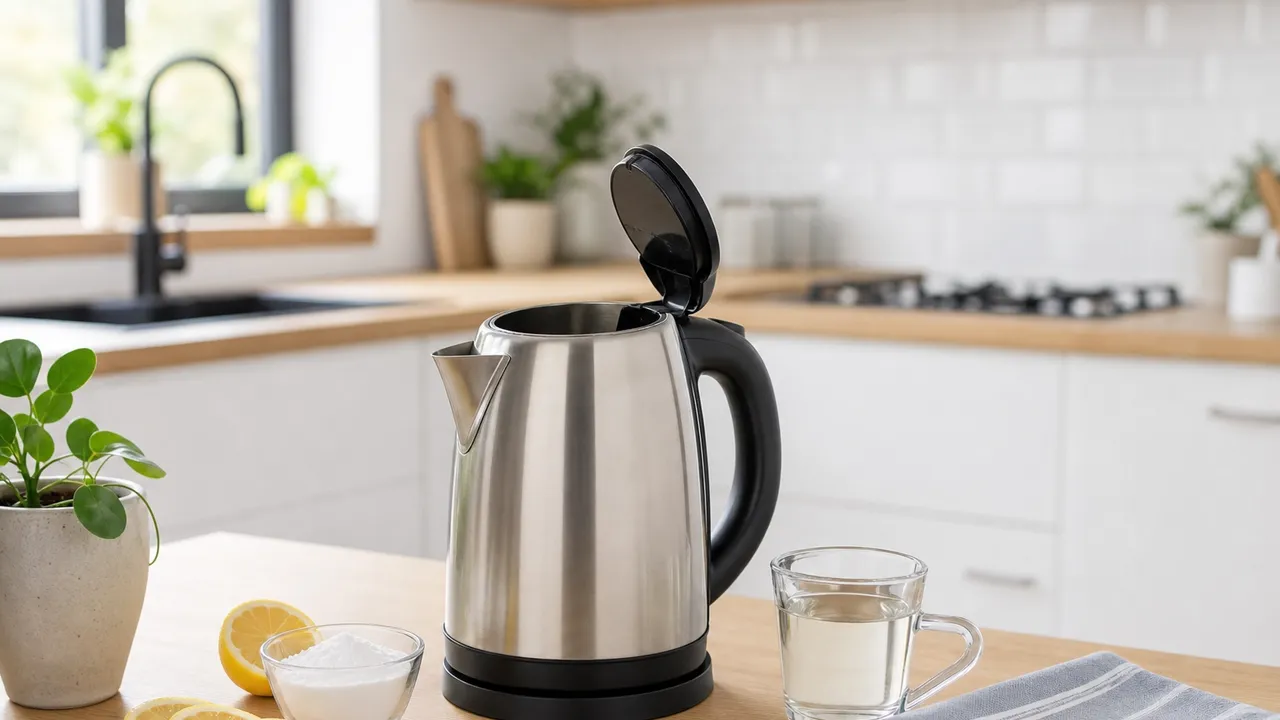 Bouilloire électrique posée sur un plan de travail avec un citron coupé et du bicarbonate de soude à proximité