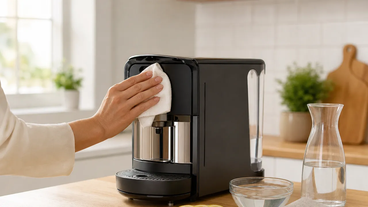 Machine à café sur un plan de travail de cuisine avec une tasse et une bouteille de vinaigre blanc