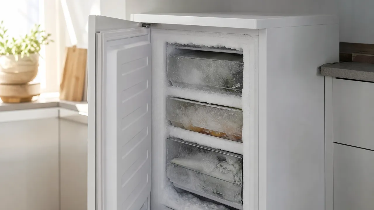 Intérieur d'un congélateur couvert de givre avec des aliments surgelés