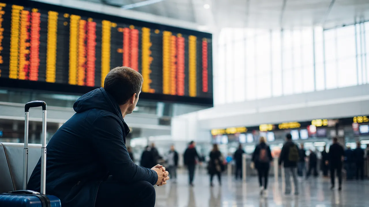 Voyageur regardant un panneau d'affichage des vols dans un aéroport, valise à la main