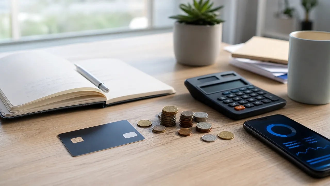Carte bancaire posée sur un relevé de compte avec une calculatrice, symbole des frais bancaires