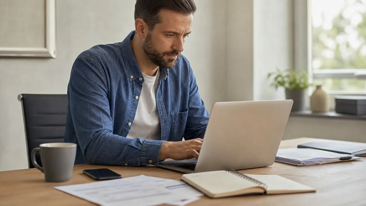 Bureau de travailleur indépendant avec factures et calculatrice, symbole de la gestion des cotisations sociales