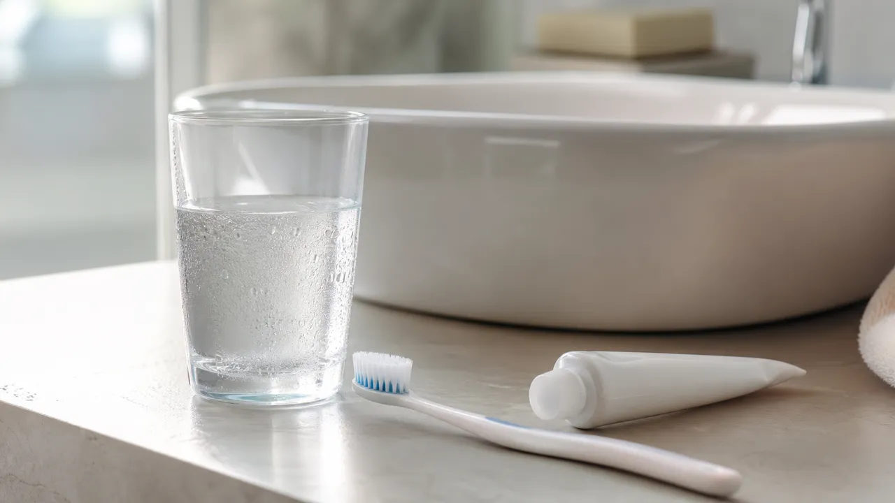 Personne grimaçant en buvant un verre d'eau glacée, main portée à la joue