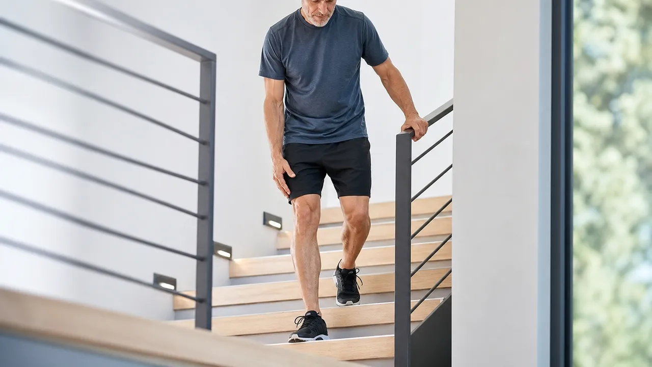 Personne se tenant le genou en bas d'un escalier intérieur