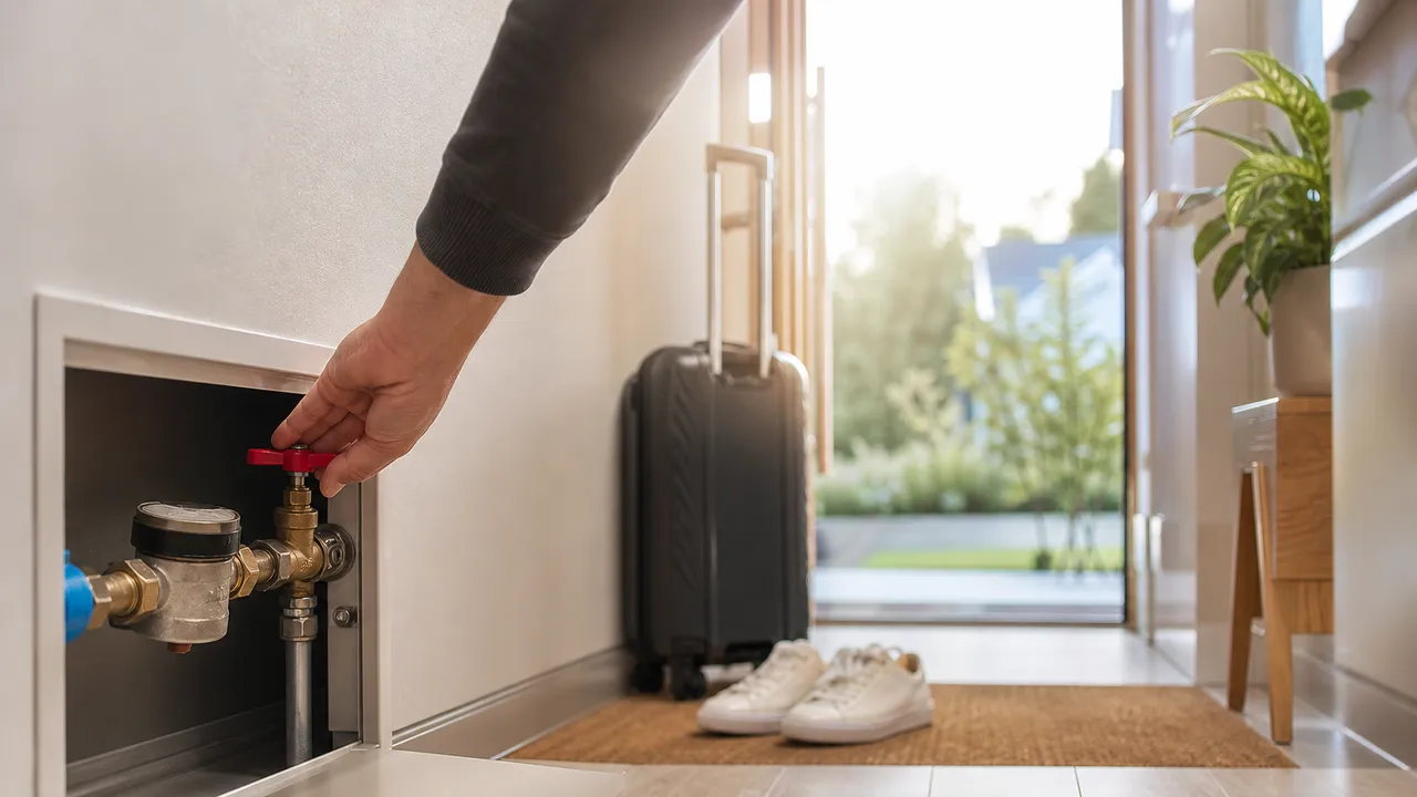 Main fermant le robinet d'arrêt général de l'eau dans un logement avant un départ en vacances