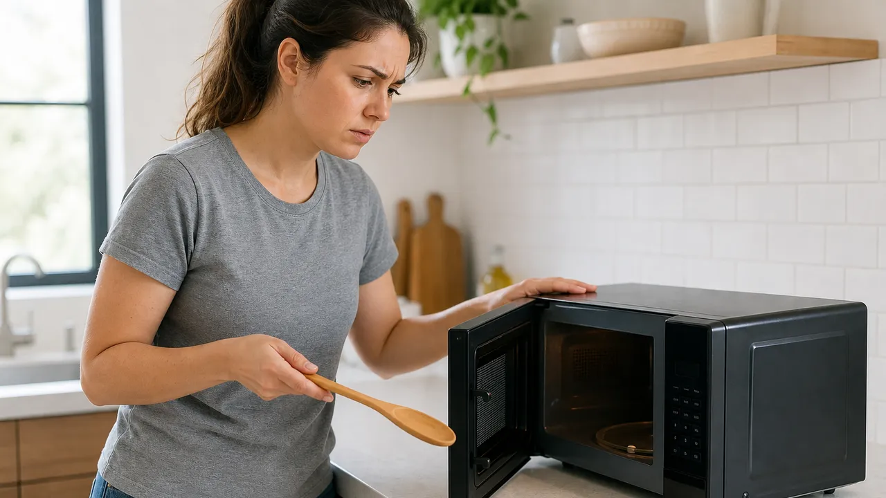 Four à micro-ondes de cuisine avec la porte fermée sur un plan de travail