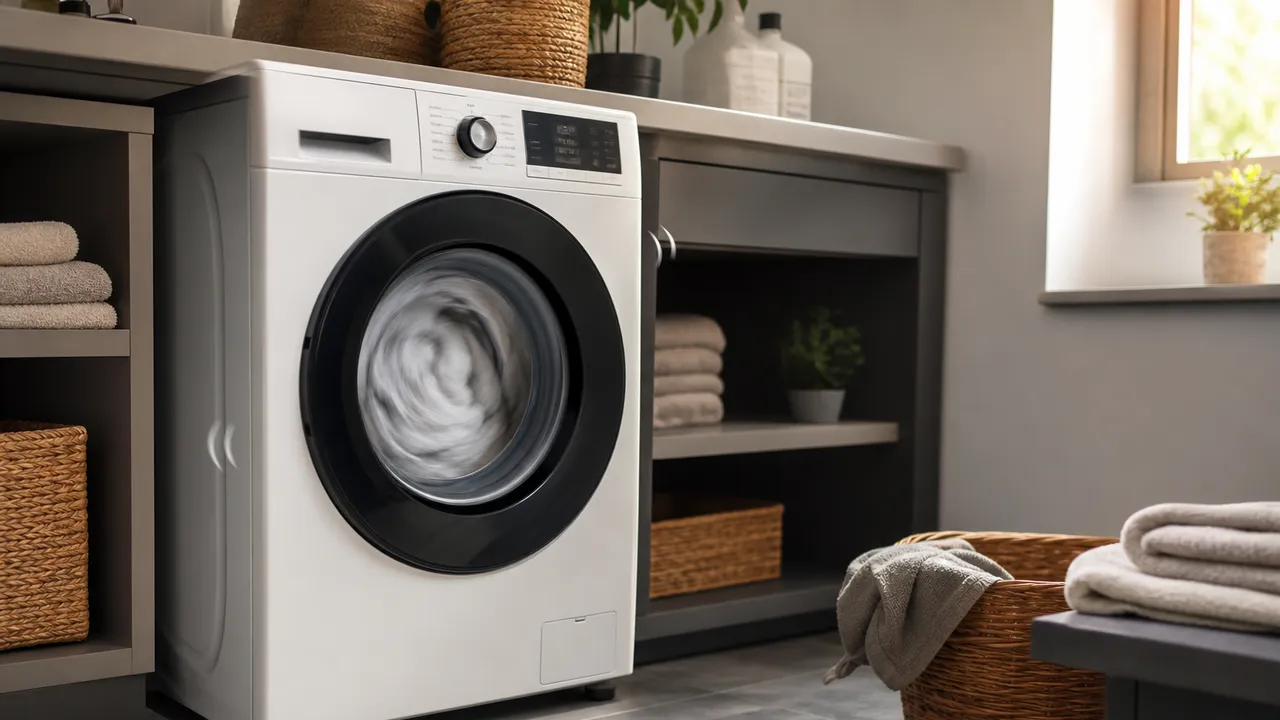 Lave-linge en fonctionnement dans une buanderie avec le hublot fermé