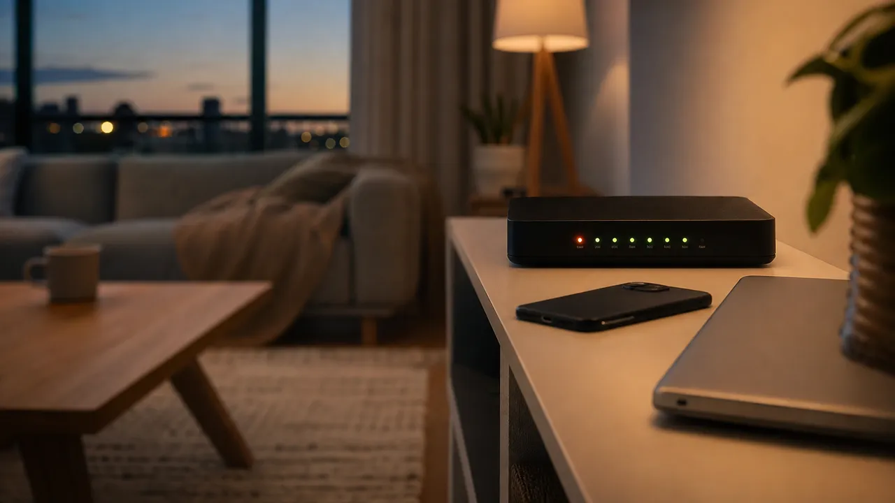 Box internet et routeur Wi-Fi posés sur un meuble dans un salon en soirée
