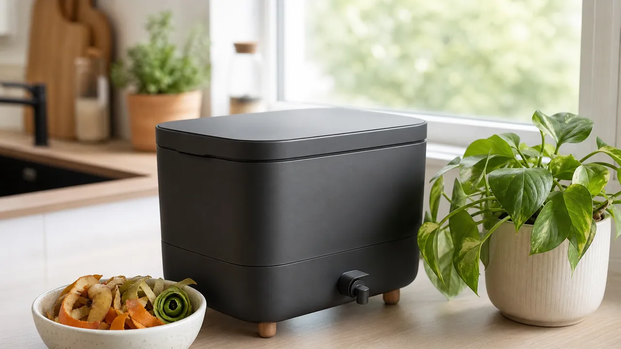 Lombricomposteur en bois posé sur un balcon d'appartement avec épluchures de légumes et terreau