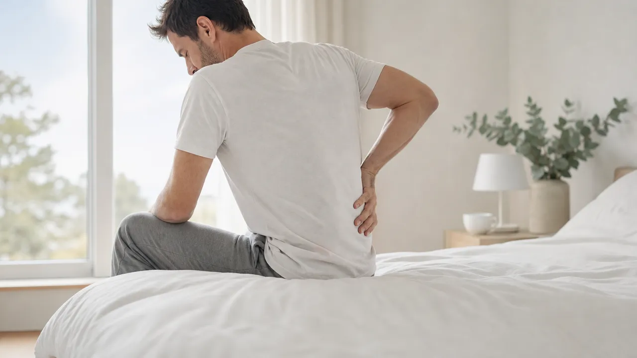 Personne assise au bord du lit le matin, main sur le bas du dos