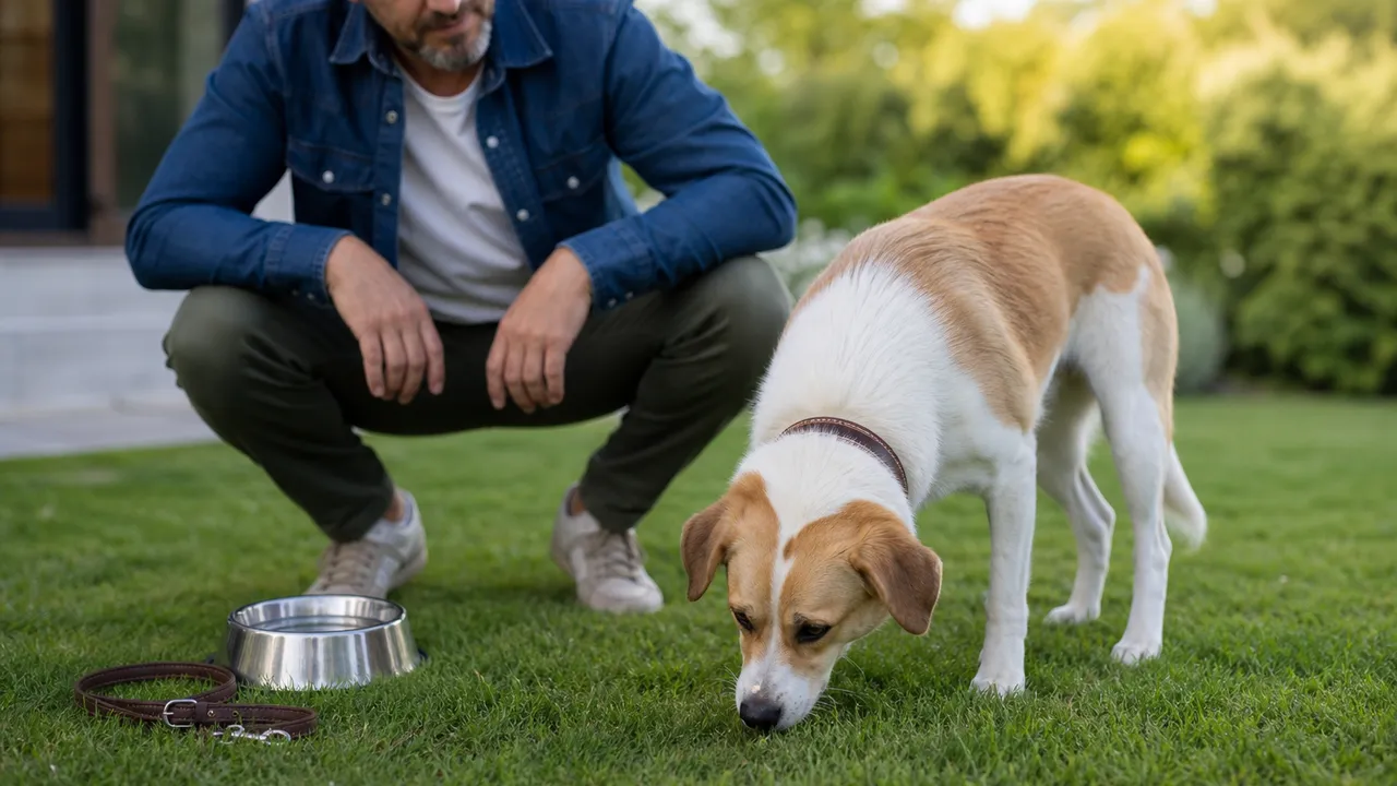 Chien brun broutant de l'herbe verte dans un jardin en pleine journée