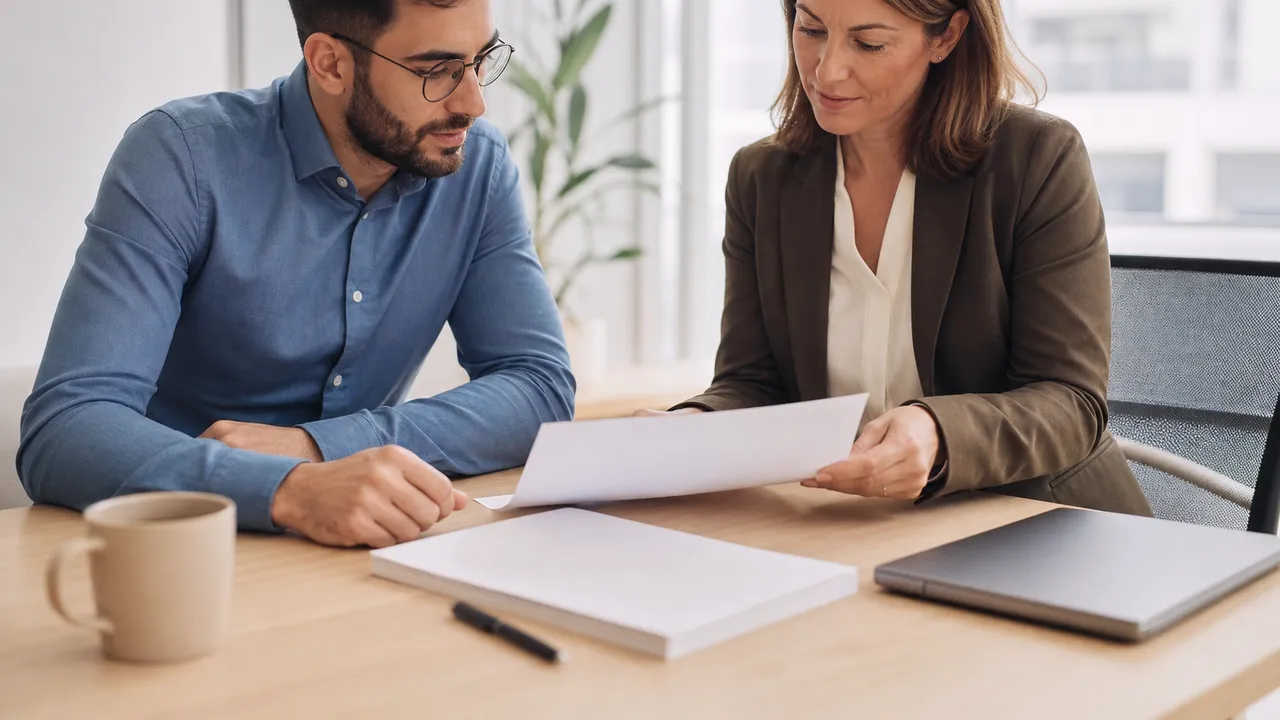 Salarié et responsable RH examinant ensemble un document à un bureau