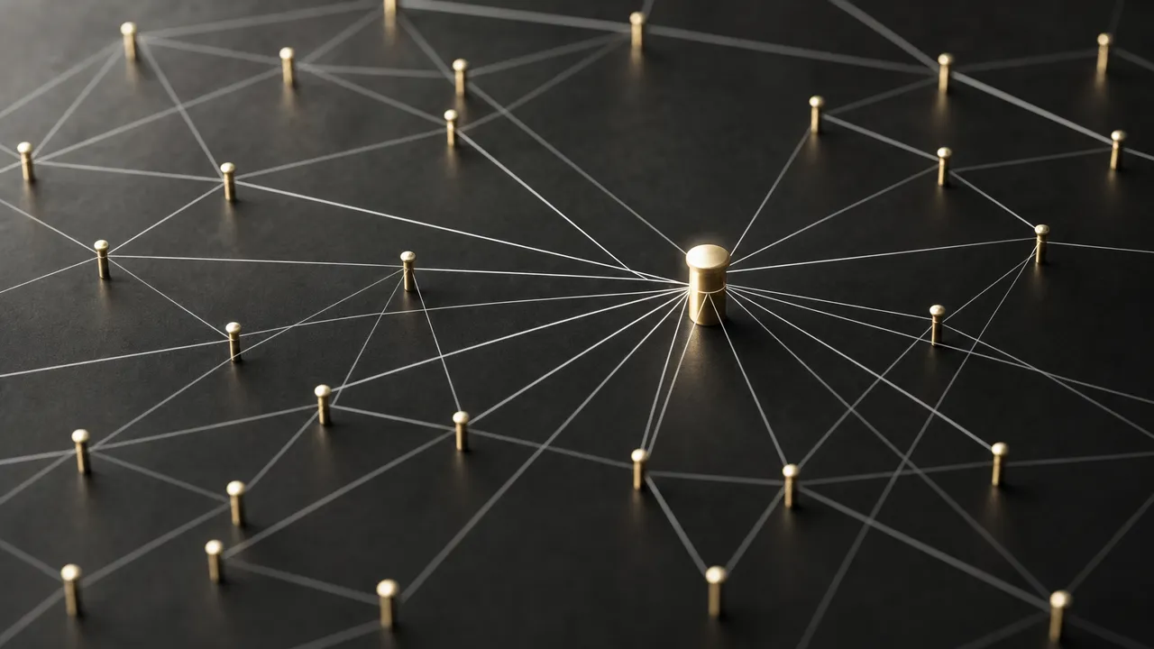 Réseau de liens convergeant vers un point central, symbole du netlinking et de l'autorité SEO
