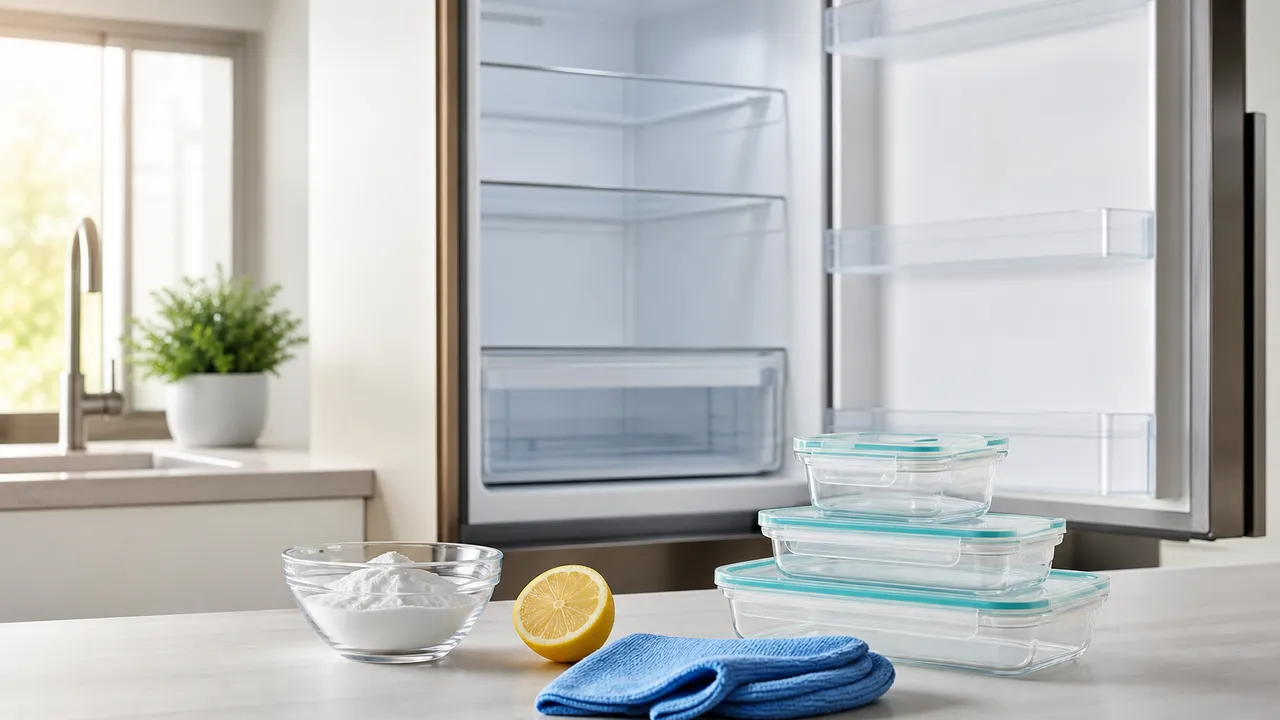 Intérieur d'un réfrigérateur propre et rangé, étagères en verre et bacs à légumes visibles