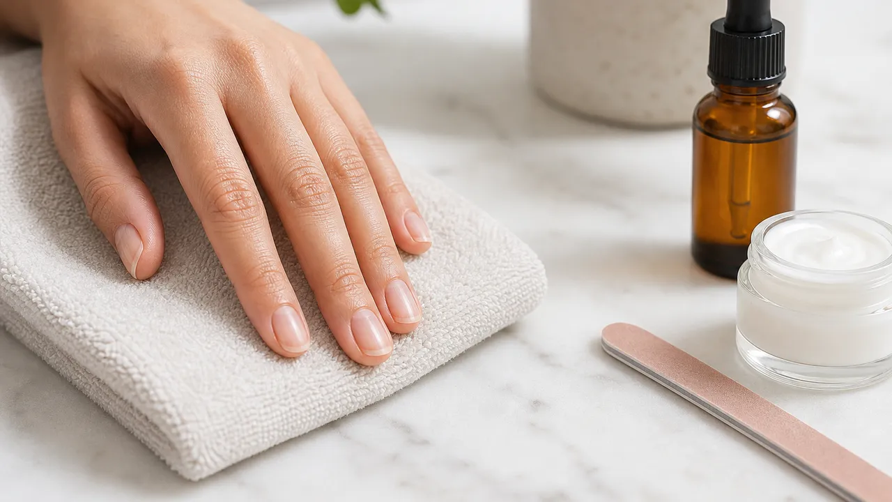 Mains posées sur une table montrant des ongles fins et abîmés