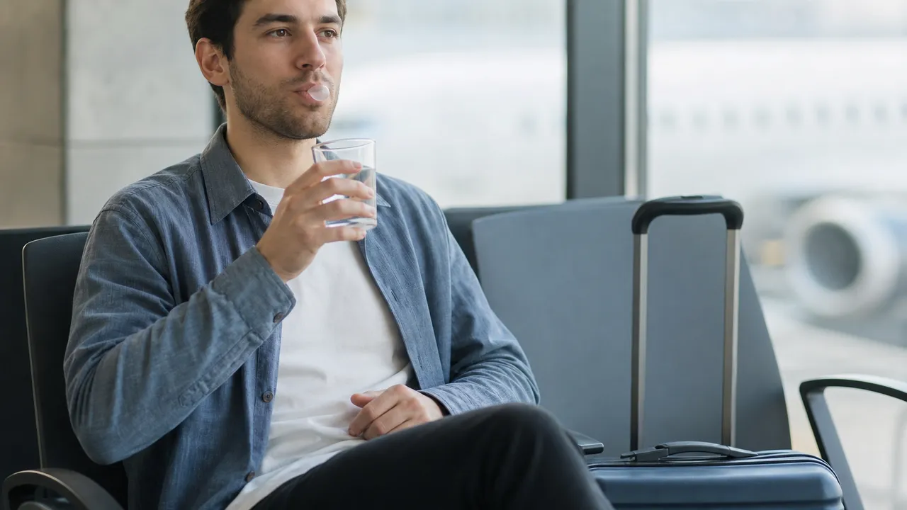 Voyageur assis en salle d'embarquement boit un verre d'eau à côté de sa valise, un avion visible derrière la vitre