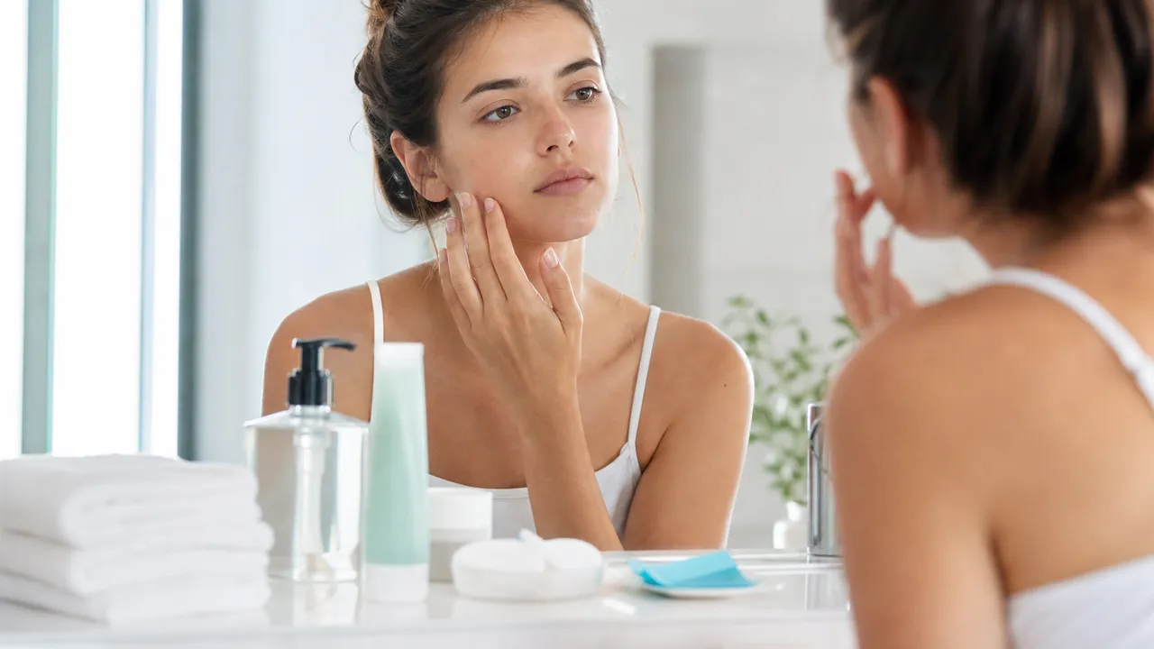 Jeune femme observant sa peau de près dans un miroir de salle de bain
