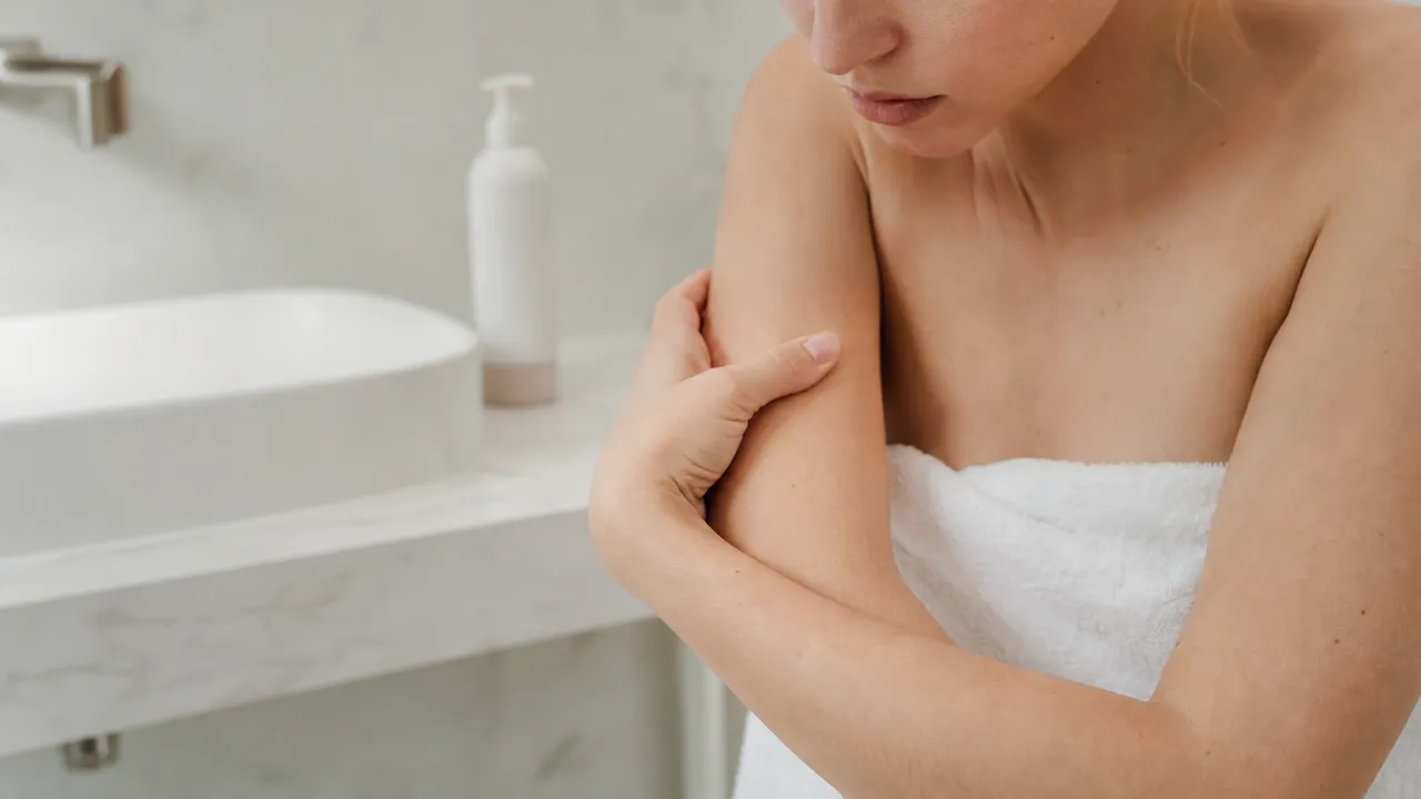 Personne se grattant l'avant-bras, peau sans rougeur ni bouton visible