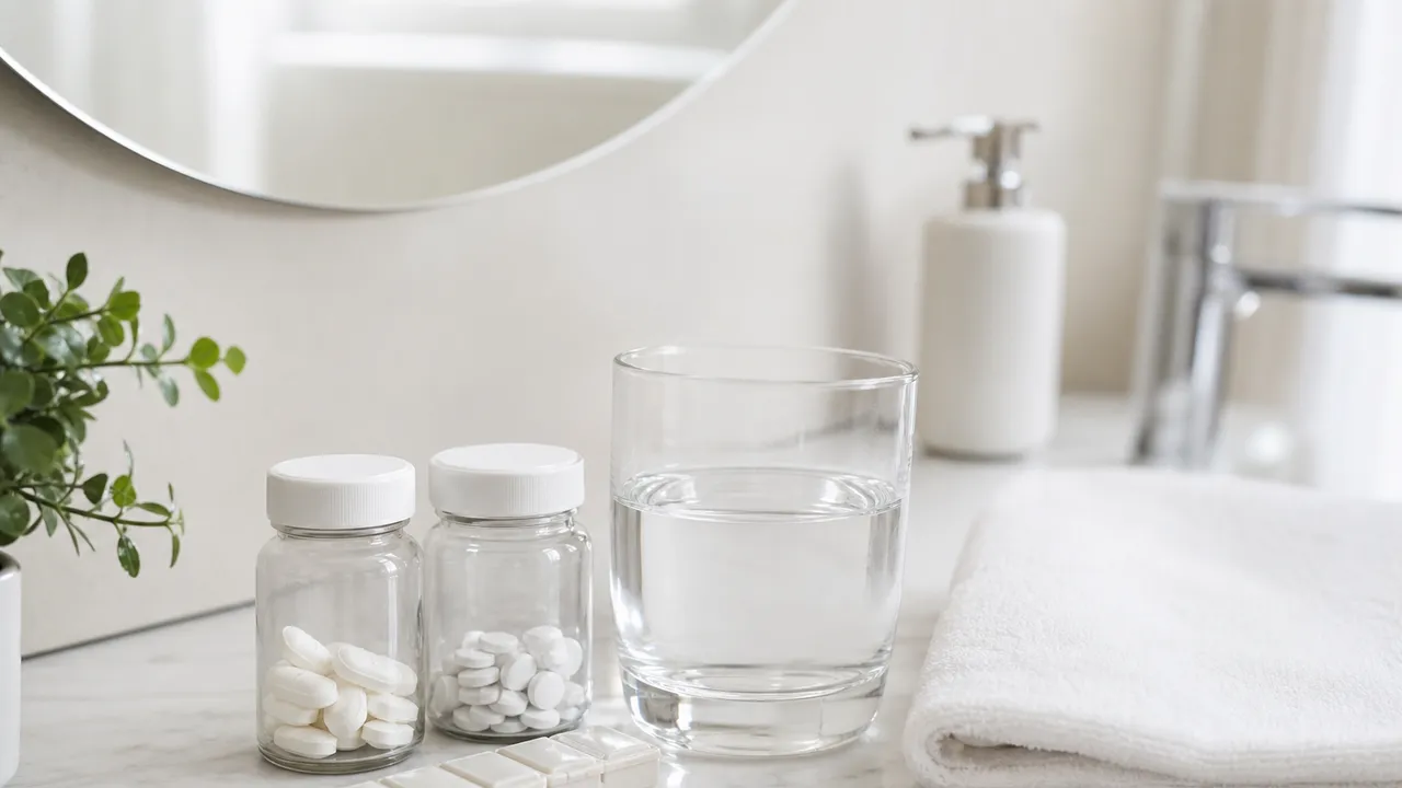 Boîtes de médicaments et verre d'eau posés sur une table, gros plan sur des comprimés