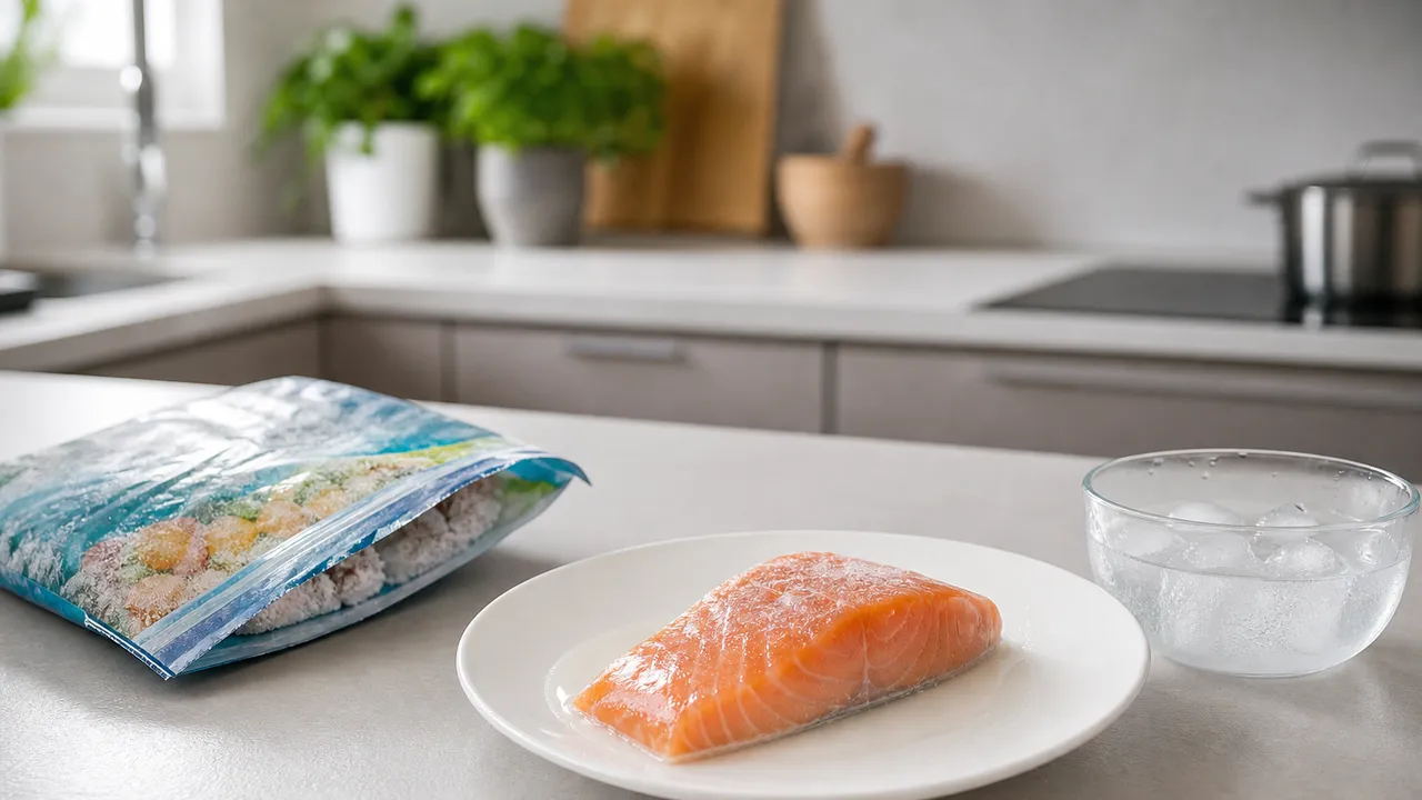Pavé de saumon en train de décongeler sur une assiette à côté d'un sachet de légumes surgelés, sur un plan de travail de cuisine