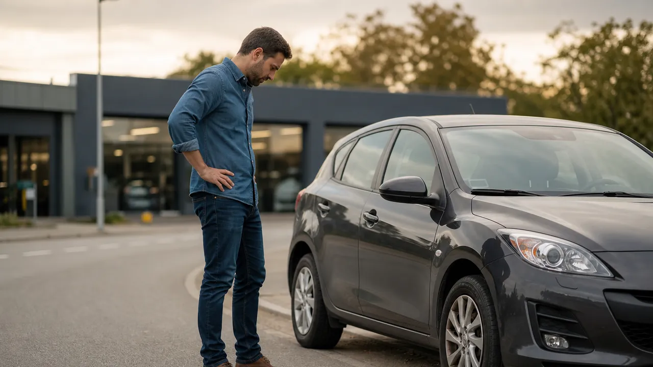 Pneu de voiture à plat sur le bord d'une route, gros plan sur la jante et le flanc affaissé