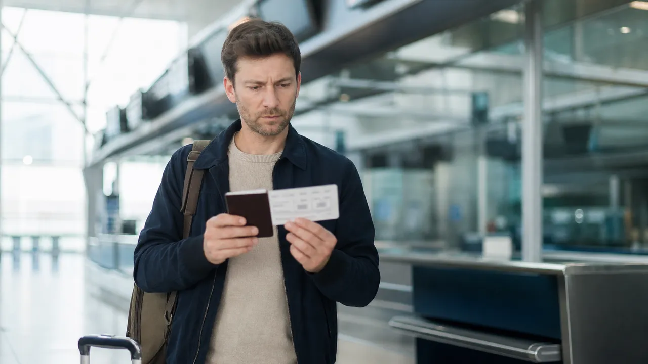 Voyageur inquiet vérifiant son passeport et sa carte d'embarquement dans un hall d'aéroport