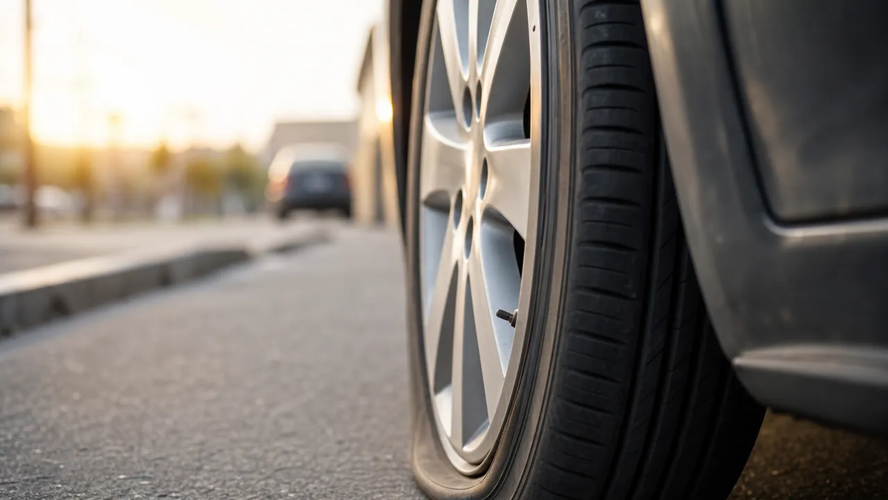 Gros plan sur une roue de voiture garée en ville, pneu légèrement affaissé au contact du sol