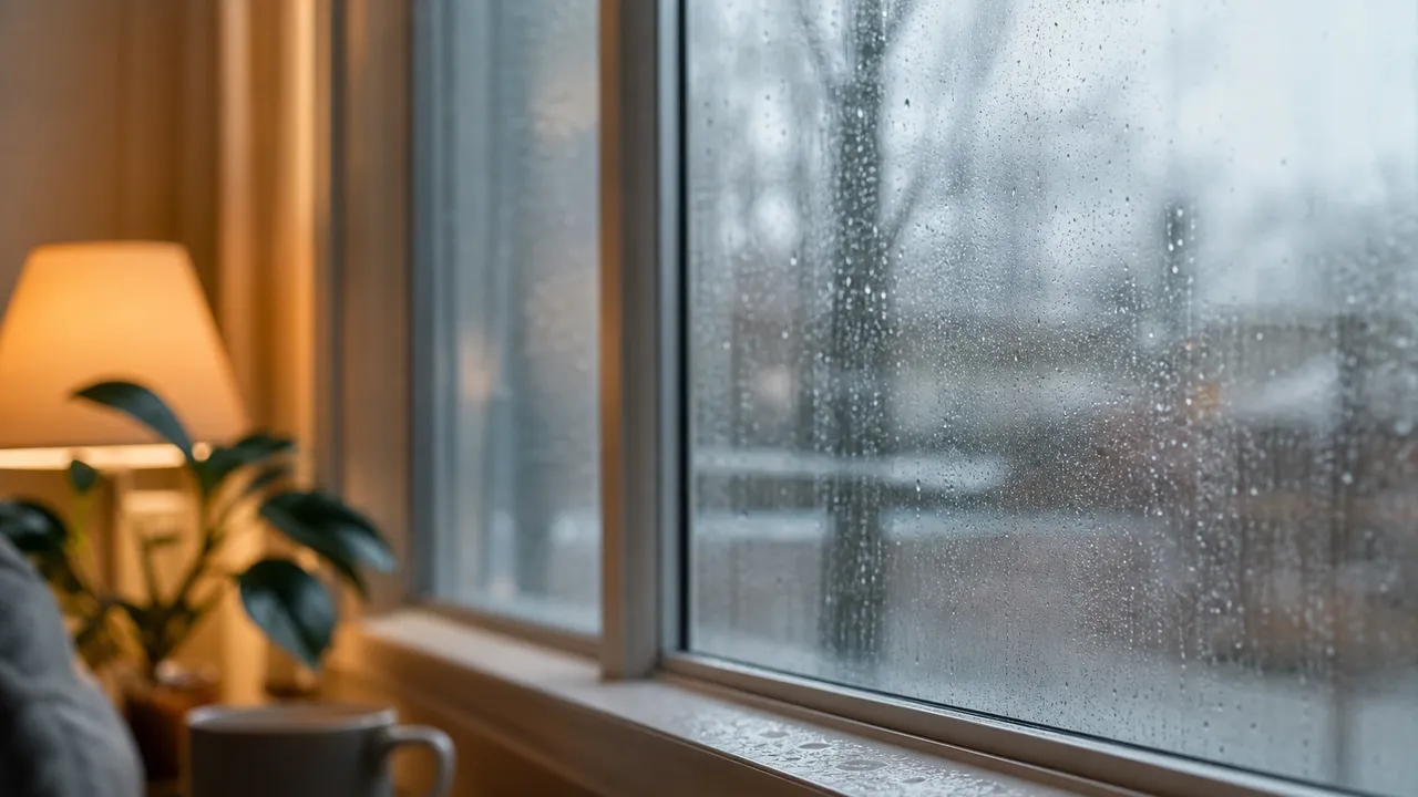 Gouttes de condensation ruisselant sur une vitre de fenêtre en hiver, vue depuis l'intérieur
