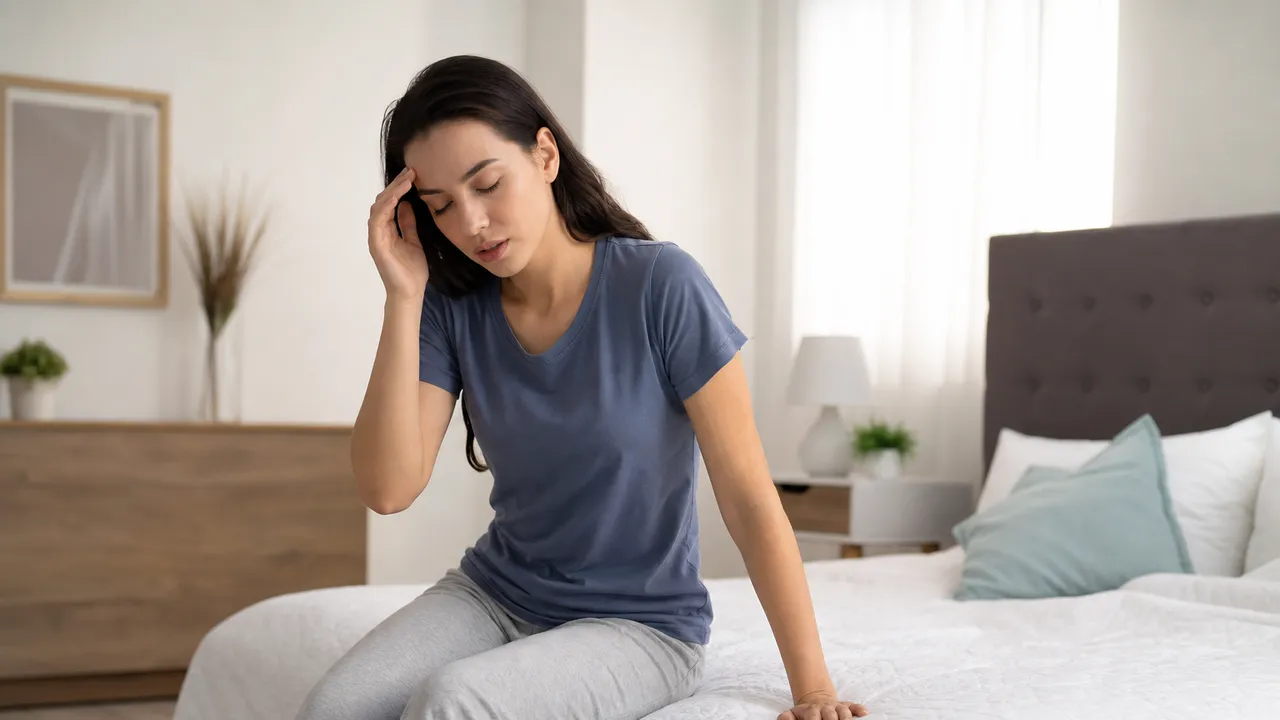 Personne assise au bord du lit, main sur le front, prenant un instant avant de se lever