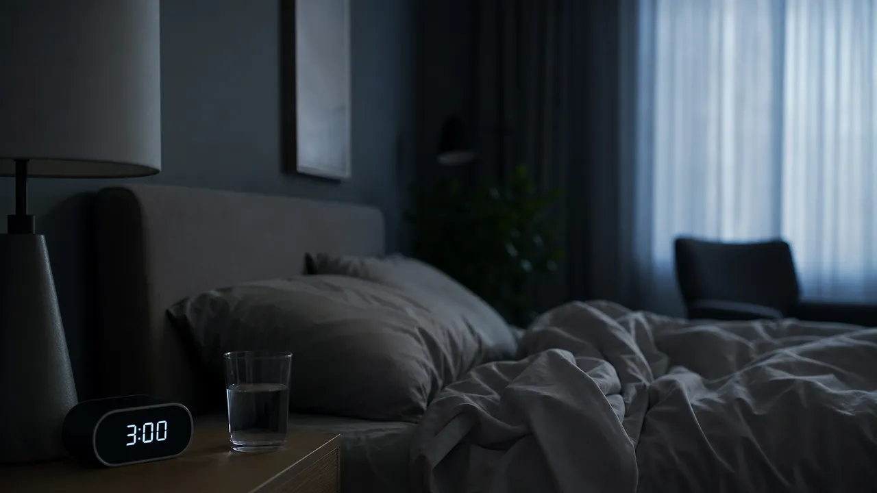 Réveil affichant 3 heures du matin sur une table de chevet, dans une chambre plongée dans la pénombre