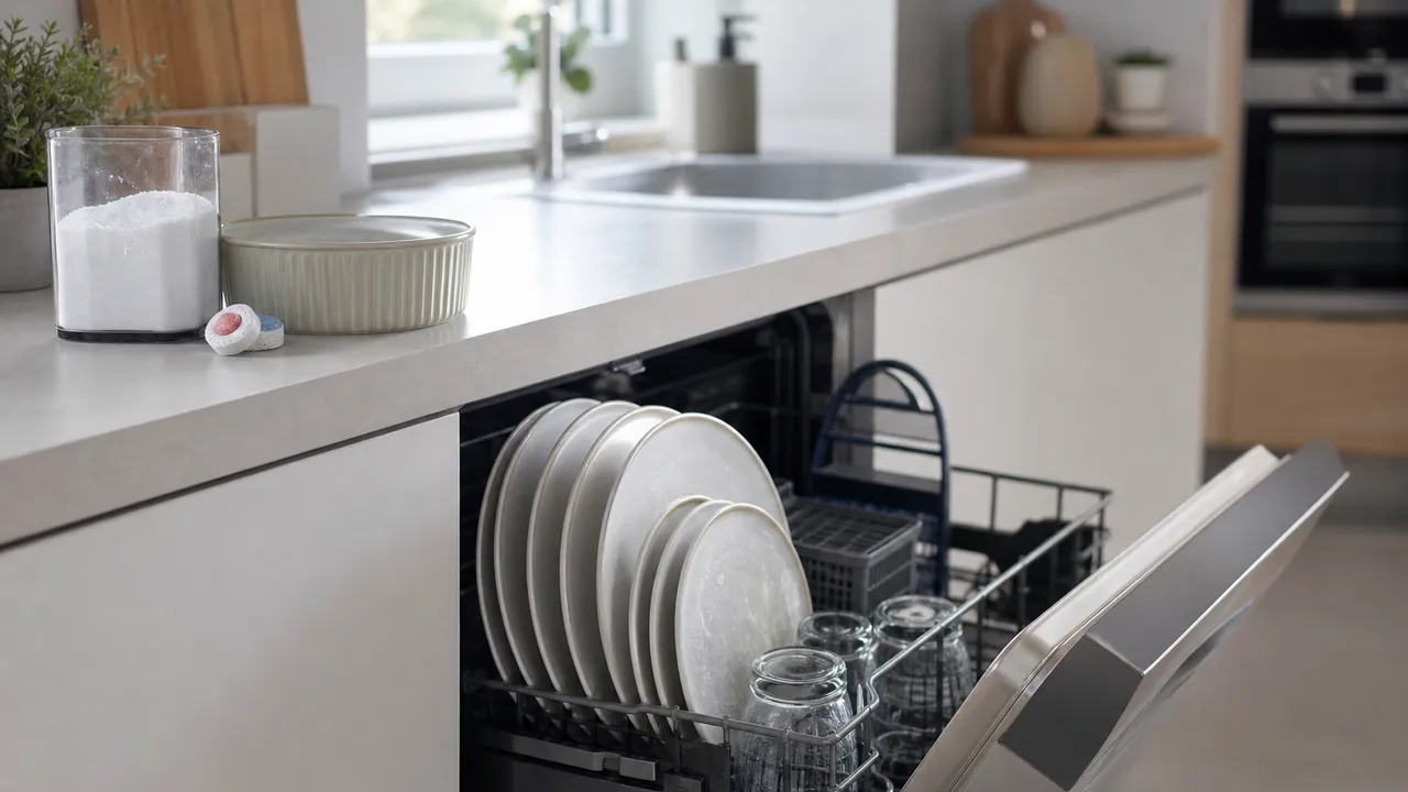 Verres et assiettes couverts d'un léger voile blanc calcaire, sortis d'un lave-vaisselle