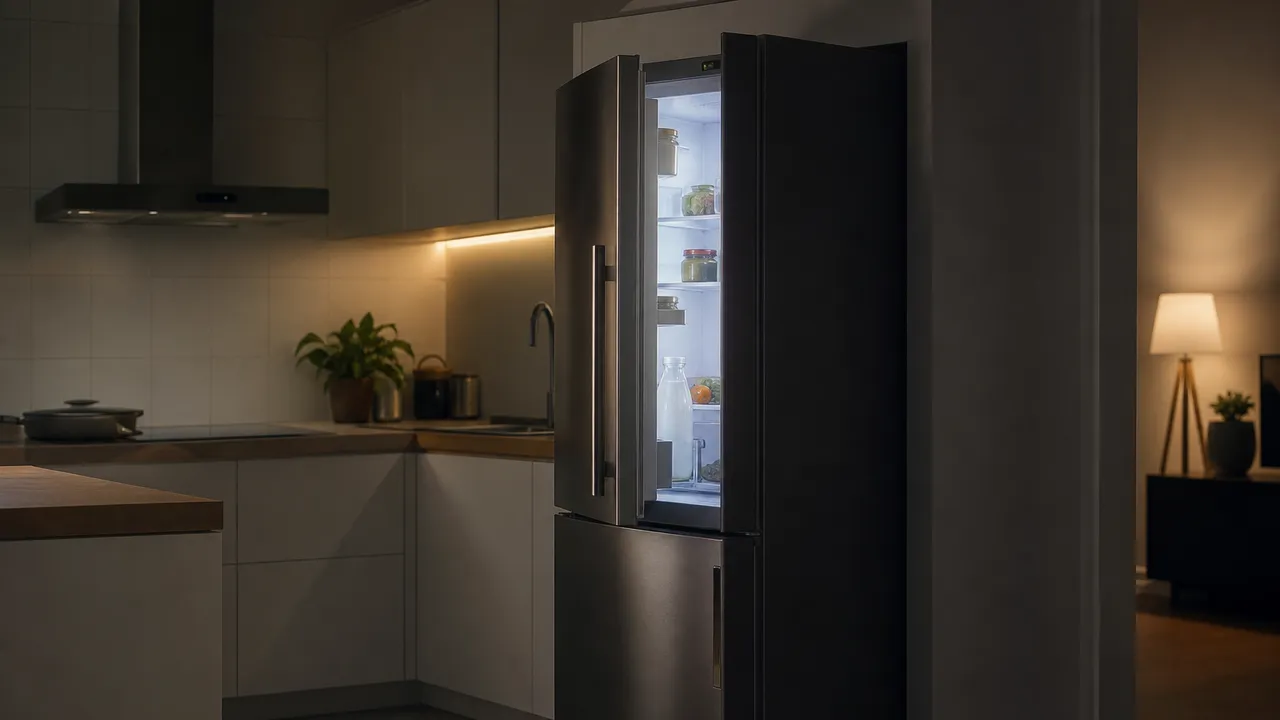 Réfrigérateur moderne dans une cuisine sombre, éclairé faiblement la nuit